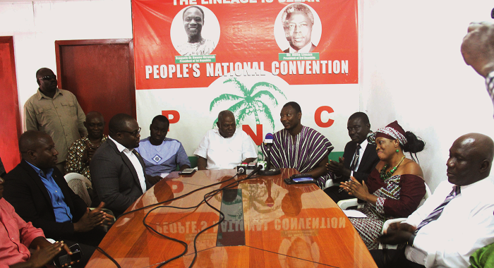 Mr Benard Mornah (in smock), PNC National Chairman, making some remarks after Mr Michael (2nd left), the immediate past president of Rotary International Accra, had presented the Four-Way Test Citation to Dr Edward Mahama (middle), the PNC presidential candidate Mr Benard Mornah (in smock), PNC National Chairman, making some remarks after Mr Michael (2nd left), the immediate past president of Rotary International Accra, had presented the Four-Way Test Citation to Dr Edward Mahama (middle), the PNC presidential candidate
